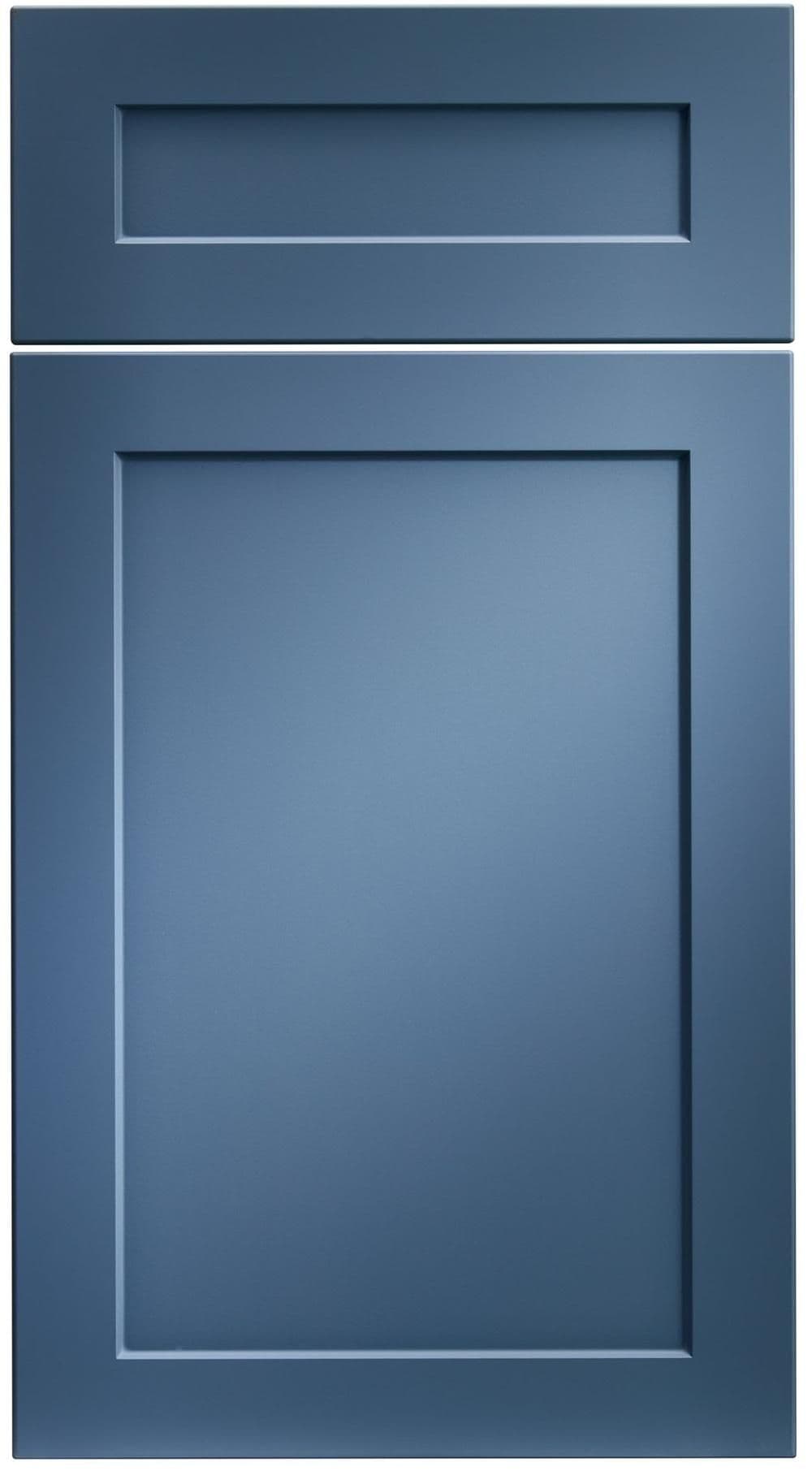 Blue cabinet door with horizontal handle slot and recessed panel design