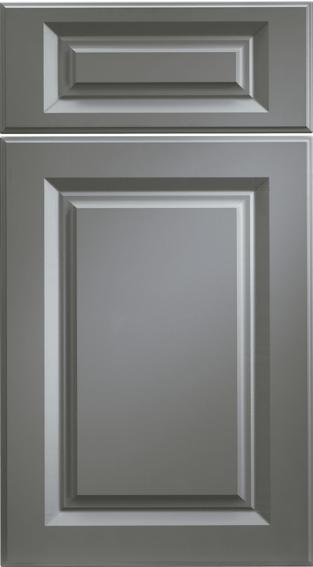 Gray cabinet doors with raised panel design and white trim molding